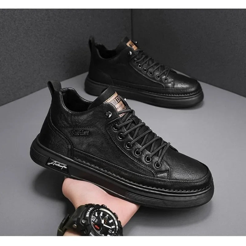 Men Casual Leather Boots 2024 Fashion High Top Men Shoes Trendy Black Sports Leather Shoes Platform Ankle Boots Tênis Masculino