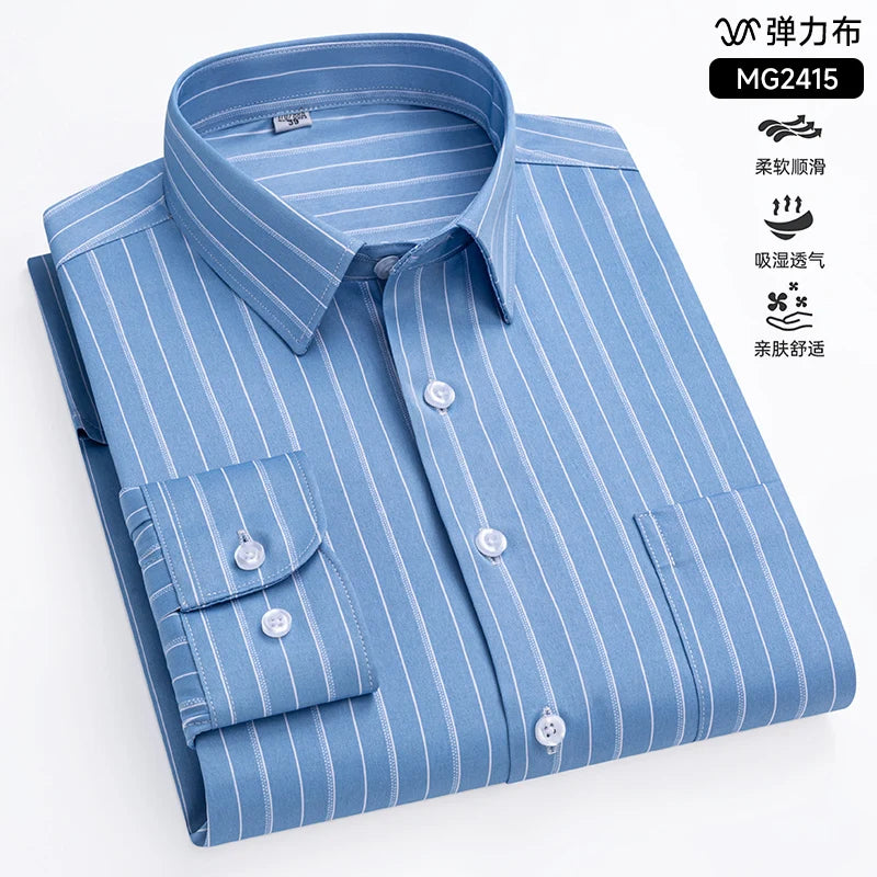 2024 New Stretch Anti-Wrinkle Mens Shirts Long Sleeve Dress Shirts For Slim Fit Camisa Social Business Blouse White Shirt 4-5XL