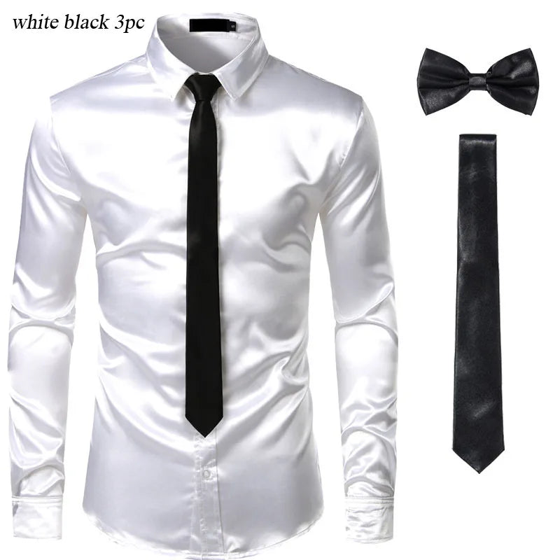 Black Mens Silk Dress Shirts 3Pcs(Shirt +Tie+Bowtie) Smooth Satin Shirt Men Slim Fit Party Prom Casual Shirts Men Social Camisa