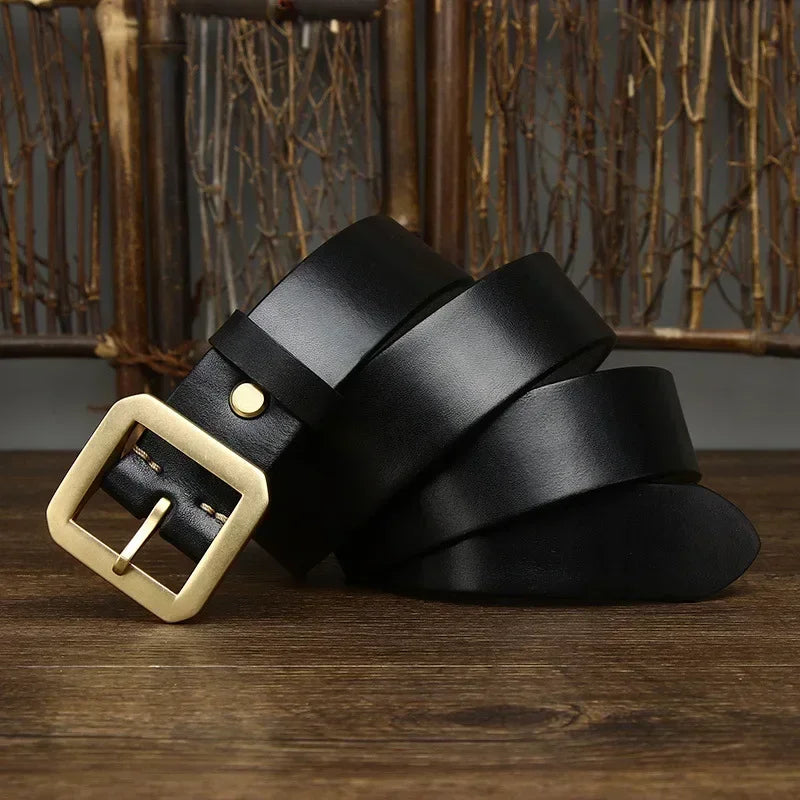 3.8CM Thick Cowhide Copper Brass Buckle Genuine Leather Casual Jeans Belt Men High Quality Waistband Male Luxury Strap Cintos