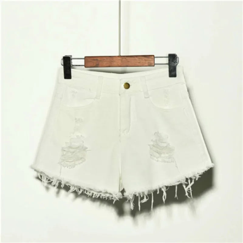 2025 New High Waist Tassel Broken Denim Shorts Female Summer Korean Version Raw Edge Wide Leg Loose Plus Size Jean Shorts Women