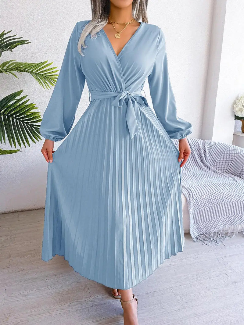 Women's Elegant Cross V-neck Lace-up Solid Pleated Dresses 2025 Spring Summer Office Lady Lantern Long-sleeved A-line Long Dress