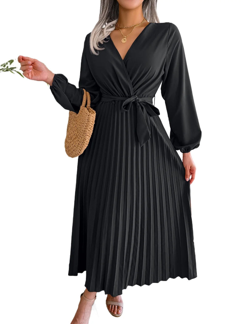 Women's Elegant Cross V-neck Lace-up Solid Pleated Dresses 2025 Spring Summer Office Lady Lantern Long-sleeved A-line Long Dress