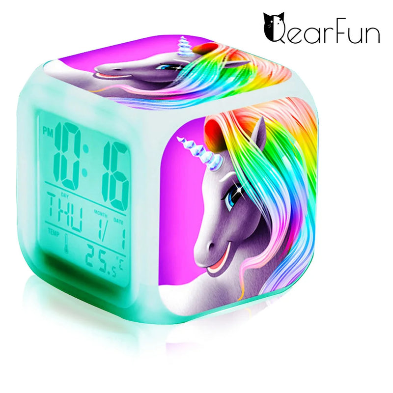 Children's Unicorn Alarm Clock Cartoon 7 Led Night Light Desk Clocks Date Temperature despertador Unicornio Kids Birthday Gifts