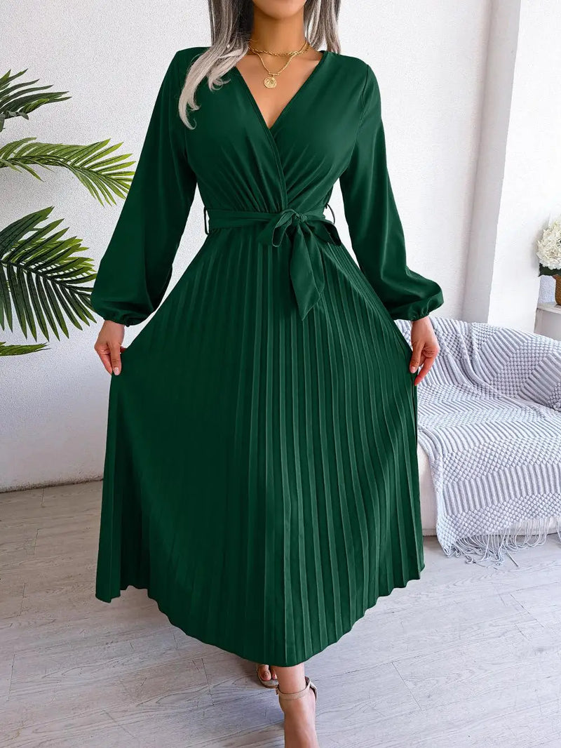 Women's Elegant Cross V-neck Lace-up Solid Pleated Dresses 2025 Spring Summer Office Lady Lantern Long-sleeved A-line Long Dress