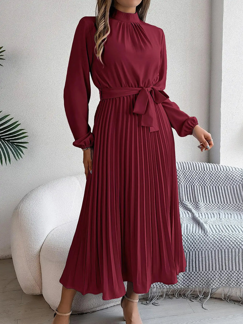 Women's Elegant Stand Collar Long Sleeve Pleated Long Dresses 2025 Spring Autumn Ladies Solid Lace-up Pleated Party Midi Dress