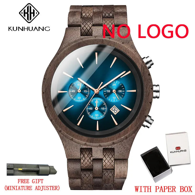 KUNHUANG Handmade Wooden Watch Multifunction Dial Mens Quartz Watch Luxury Luminous Chronograph Custom Logo relógio masculino