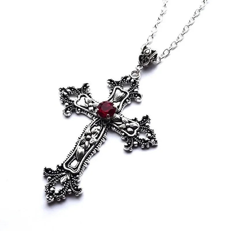 Gothic Style Pink Purple Zircon Cross Necklace Ladies Rhinestone Pendant Clavicle Chain Charm Party Jewelry Gifts