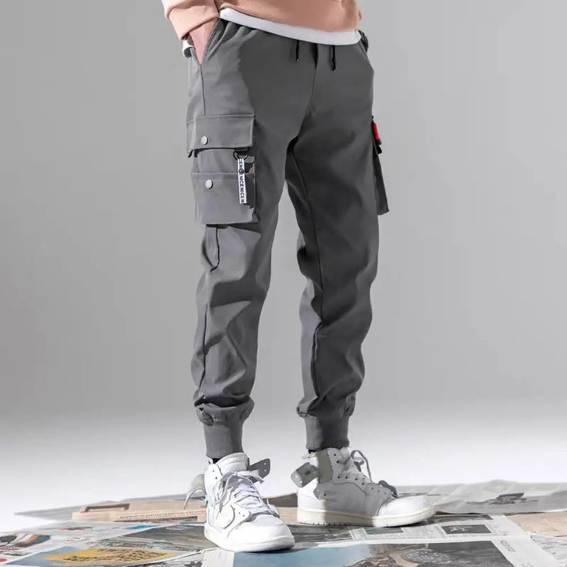 Summer Men Sweatpants Mid-Rise Shrinkable Cuffs Elastic Waistband Drawstring Men Pants Solid Color Multi Pockets Cargo Pants