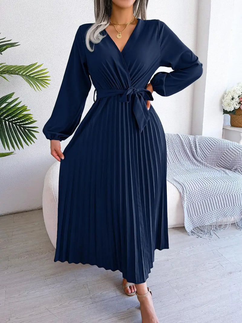 Women's Elegant Cross V-neck Lace-up Solid Pleated Dresses 2025 Spring Summer Office Lady Lantern Long-sleeved A-line Long Dress