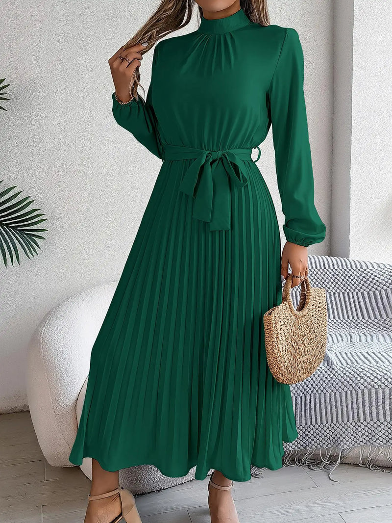 Women's Elegant Stand Collar Long Sleeve Pleated Long Dresses 2025 Spring Autumn Ladies Solid Lace-up Pleated Party Midi Dress