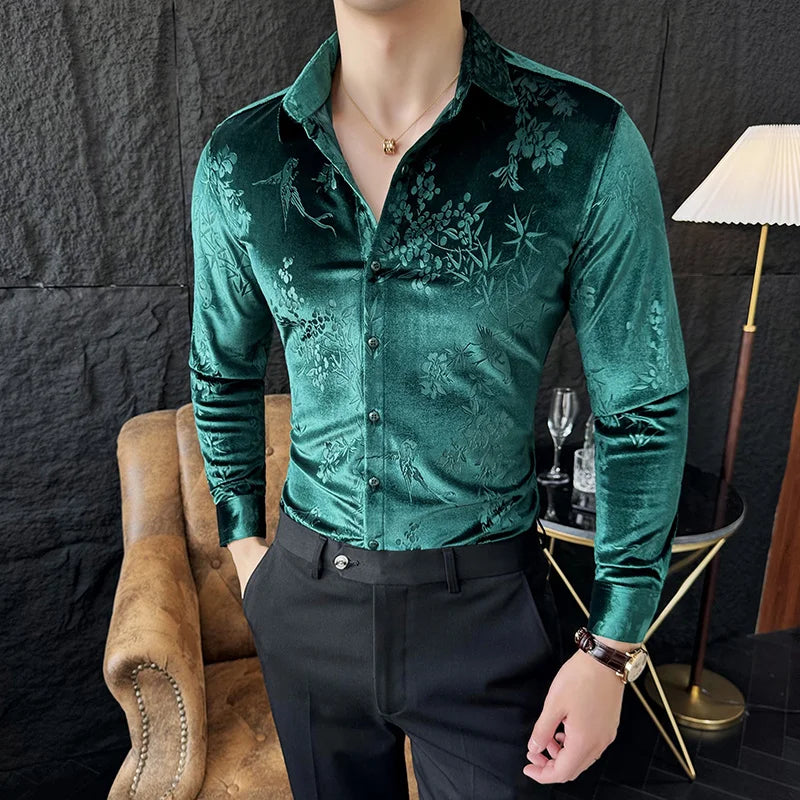 Luxury Velvet Velvet Shirt Men 2024 Spring Slim Casual Dress Shirts Social PartyTuxedo Blouse Camisas Para Hombre Men Clothing