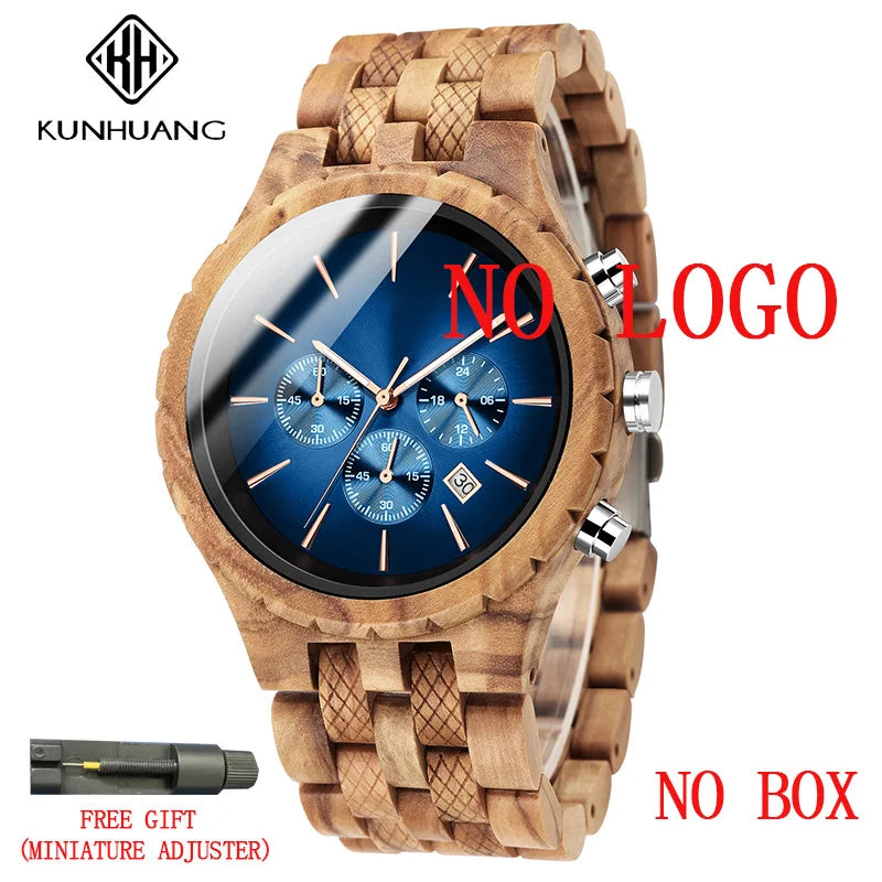 KUNHUANG Handmade Wooden Watch Multifunction Dial Mens Quartz Watch Luxury Luminous Chronograph Custom Logo relógio masculino