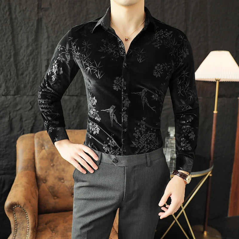 Luxury Velvet Velvet Shirt Men 2024 Spring Slim Casual Dress Shirts Social PartyTuxedo Blouse Camisas Para Hombre Men Clothing