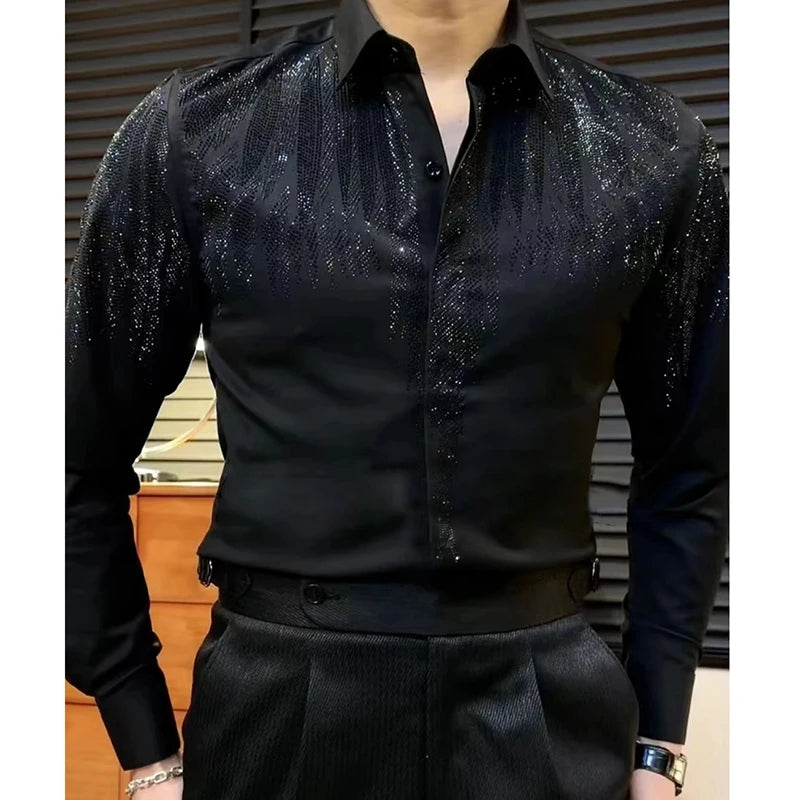 High Quality Long Sleeved Shirt Spring Hot Diamond Shirt For Men Casual Slim Fit Shirt Luxury Social Party Blouse Camisa Hombre